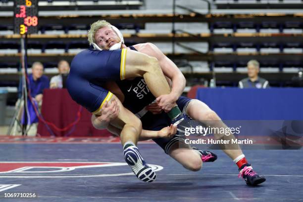 Bo Nickal of the Penn State Nittany Lions wrestles in the 197 pound championship match at the Keystone Classic on November 18, 2018 at The Palestra...