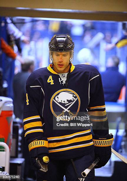 Steve Montador of the Buffalo Sabres heads to the dressing after warming up to play the Vancouver Canucks at HSBC Arena on November 15, 2010 in...