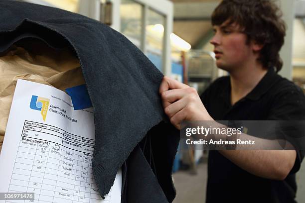 Student staples finished processed leather at the LGR tannery school on November 17, 2010 in Reutlingen, Germany. The LGR school, established in...