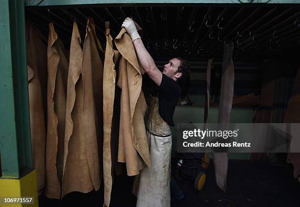 Student Gunnar hangs up tanned leather for the drying process at the LGR tannery school on November 17, 2010 in Reutlingen, Germany. The LGR school,...