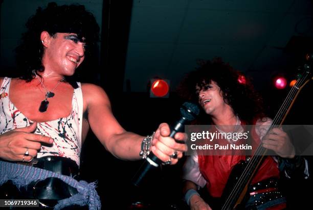 Singer Stephen Pearcy, left, and guitarist Juan Croucier of the band RATT perform on stage in Chicago, Illinois, May 12, 1984.