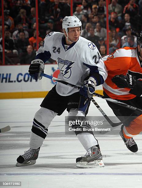 Johan Harju of the Tampa Bay Lightning skates against the Philadelphia Flyers at the Wells Fargo Center on November 18, 2010 in Philadelphia,...