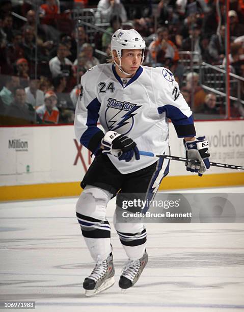 Johan Harju of the Tampa Bay Lightning skates against the Philadelphia Flyers at the Wells Fargo Center on November 18, 2010 in Philadelphia,...