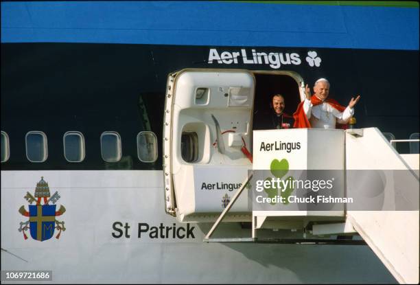 Pope John Paul II smiles as he deplanes at Dublin airport, Dublin, Ireland, September 29, 1979.