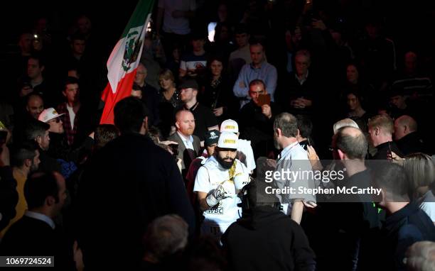 Mayo , Ireland - 7 December 2018; Christian Uruzquieta makes his way to the ring for his vacant World Boxing Council International Silver Lightweight...