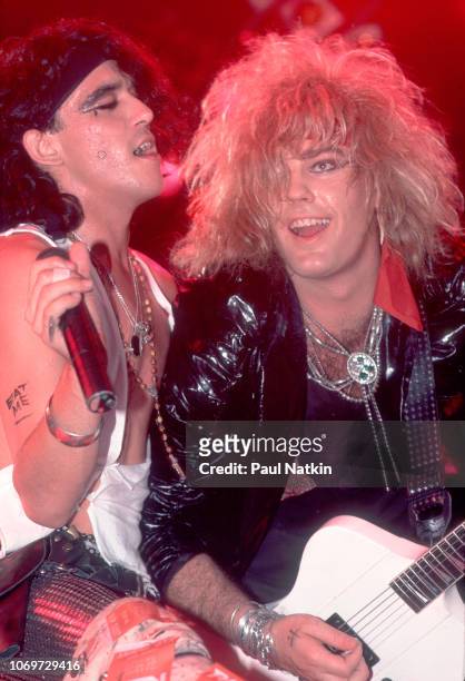Stephen Pearcy and Robbin Crosby of RATT performs on stage at the Rosemont Horizon in Rosemont, Illinois, September 20, 1985.