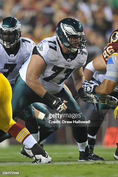 Guard Mike McGlynn of the Philadelphia Eagles in action during the game against the Washington Redskins at FedEx Field on November 15, 2010 in...