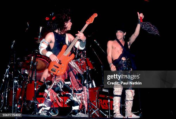 Juan Croucier, left, and Stephen Pearcy of Ratt perform on stage at the Milwaukee Arena in Milwaukee, Wisconsin, November 5, 1984.