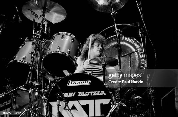 Bobby Blotzer of Ratt performs on stage at the Milwaukee Arena in Milwaukee, Wisconsin, November 5, 1984.