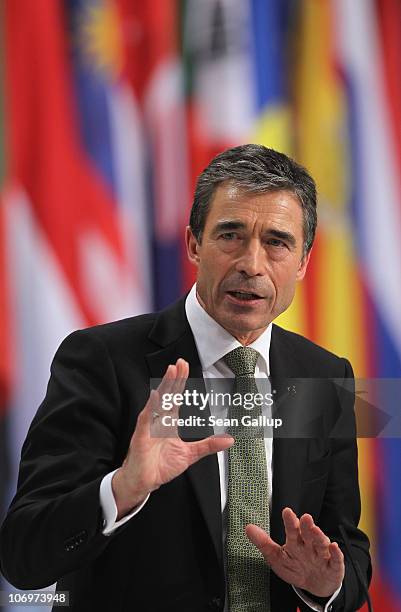 Secretary General Anders Fogh Rasmussen speaks to the media following the first day of meetings at the NATO Summit on November 19, 2010 in Lisbon,...