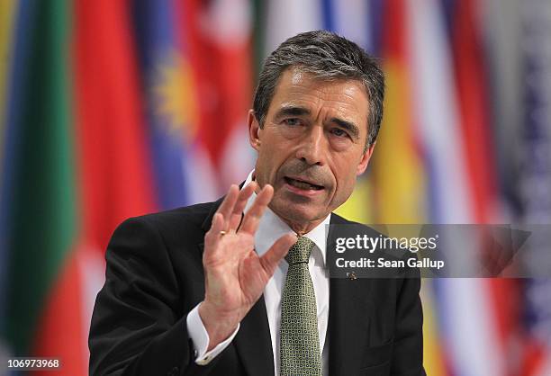 Secretary General Anders Fogh Rasmussen speaks to the media following the first day of meetings at the NATO Summit on November 19, 2010 in Lisbon,...