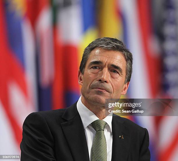 Secretary General Anders Fogh Rasmussen speaks to the media following the first day of meetings at the NATO Summit on November 19, 2010 in Lisbon,...
