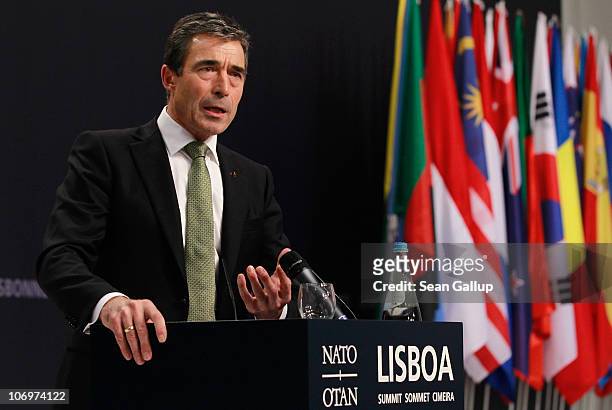 Secretary General Anders Fogh Rasmussen speaks to the media following the first day of meetings at the 2010 NATO Summit on November 19, 2010 in...