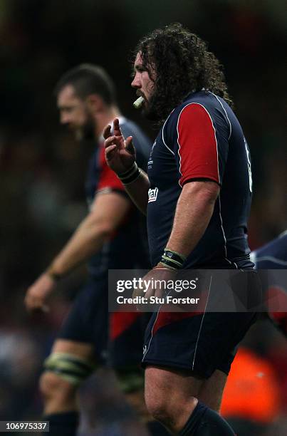 Wales prop Adam Jones looks on at the end of the International Match between Wales and Fiji at Millennium Stadium on November 19, 2010 in Cardiff,...