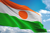 Niger flag waving cloudy sky background