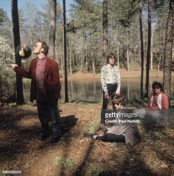 Portrait of the band REM, left to right, Michael Stipe, Mike Mills, Peter Buck, and Bill Berry, in Athens, Georgia, April 8, 1985.