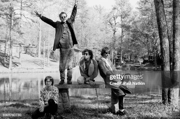 Portrait of the band REM, left to right, Mike Mills, Michael Stipe, Bill Berry and Peter Buck in Athens, Georgia, April 8, 1985.