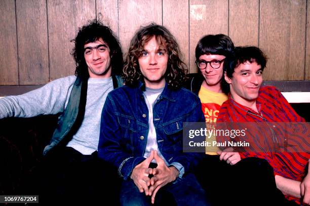 Portrait of the band REM, left to right, Bill Berry, Michael Stipe, Mike Mills and Peter Buck at the Aragon Ballroom in Chicago, Illinois, July 7,...