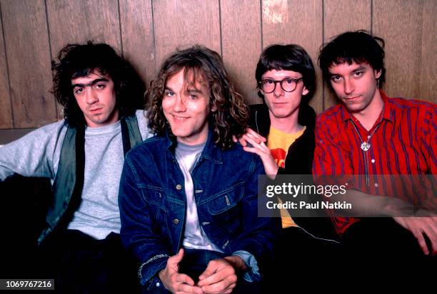 Portrait of the band REM, left to right, Bill Berry, Michael Stipe, Mike Mills and Peter Buck at the Aragon Ballroom in Chicago, Illinois, July 7,...