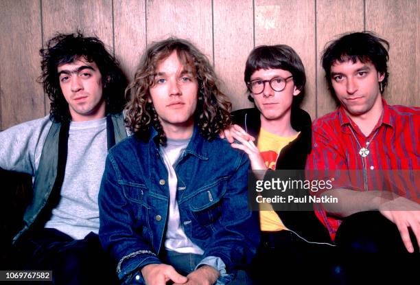 Portrait of the band REM, left to right, Bill Berry, Michael Stipe, Mike Mills and Peter Buck at the Aragon Ballroom in Chicago, Illinois, July 7,...