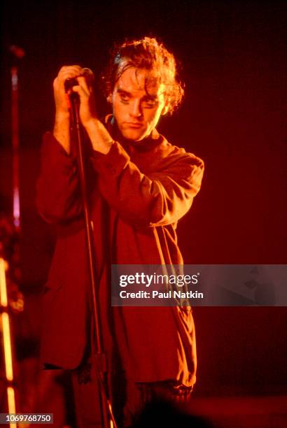 Singer Michael Stipe of REM performs on stage at Northern Illinois University Arena in DeKalb, Illinois, October 26, 1986.