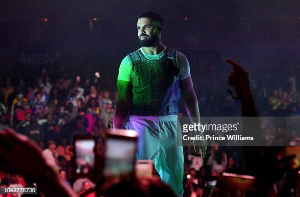 Drake performs onstage during the Final Stop of 'Aubrey & The three Amigos Tour' at State Farm Arena on November 18, 2018 in Atlanta, Georgia.