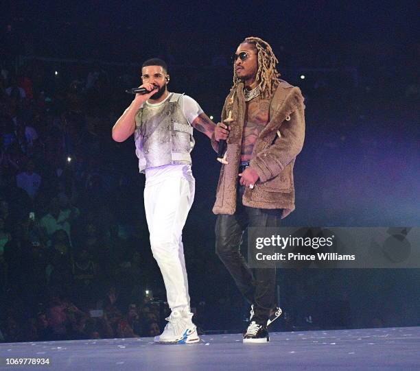 Drake and Future perform onstage during the Final Stop of 'Aubrey & The three Amigos Tour' at State Farm Arena on November 18, 2018 in Atlanta,...