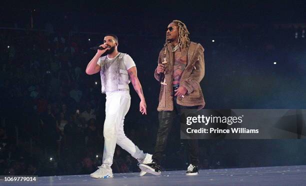 Drake and Future perform onstage during the Final Stop of 'Aubrey & The three Amigos Tour' at State Farm Arena on November 18, 2018 in Atlanta,...