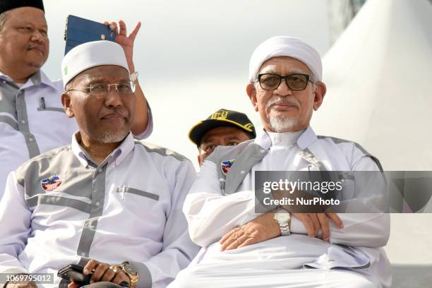 Abdul Hadi Awang, President of the Pan-Malaysian Islamic Party pictured during a rally organised by Muslim politicians against the signing of the UN...