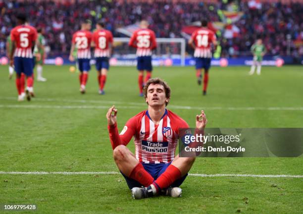Antoine Griezmann of Atletico Madrid celebrates after scoring his team's second goal during the La Liga match between Club Atletico de Madrid and...