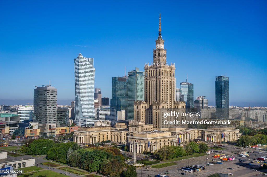 Warsaw Centrum, the very heart of the polish capital, with Rondo Dmowskiego roundabout, the Zota 44 skyscraper and the soc-realist Palace of Culture and Science, August 11, 2016