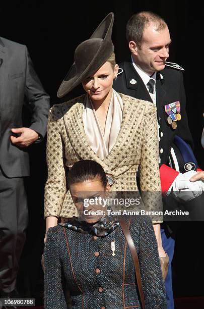 Miss Charlene Wittstock and Princess Stephanie of Monaco leaving the Mass on Monaco National Day at Cathedrale Notre-Dame Immaculee on November 19,...