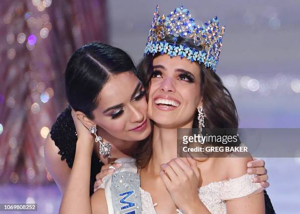 Miss Mexico Vanessa Ponce de Leon reacts after being crowned the 68th Miss World by Miss World 2017 Manushi Chhillar in Sanya, on the tropical...