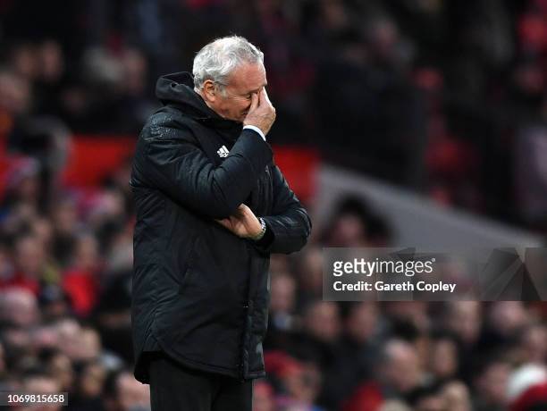 Claudio Ranieri, Manager of Fulham reacts during the Premier League match between Manchester United and Fulham FC at Old Trafford on December 8, 2018...