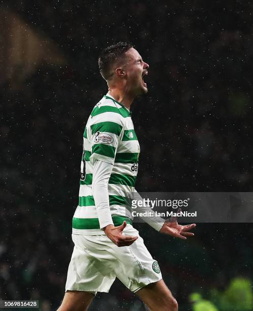 Mikael Lustig of Celtic celebrates after he scores his team's third goal during the Scottish Ladbrokes Premiership match Celtic and Kilmarnock at...