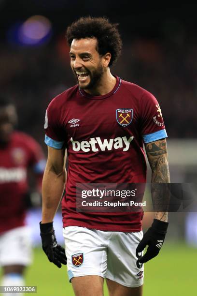 Felipe Anderson of West Ham United celebrates after scoring his team's third goal during the Premier League match between West Ham United and Crystal...