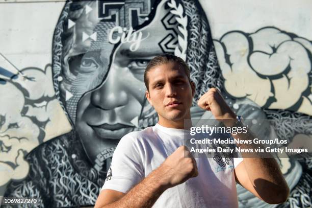Top-ranked UFC featherweight Brian Ortega in front a mural of himself in Los Angeles Monday, Nov 5, 2018. The painting created by artists Tristan...