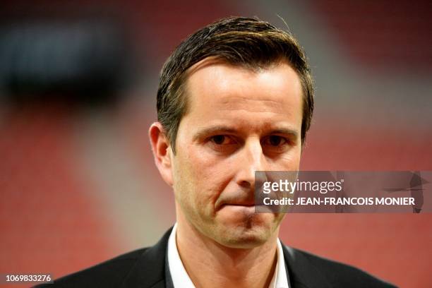 Rennes' French coach Julien Stephan looks on before the French L1 football match between En Avant Guingamp and Amiens SC at the Roudourou stadium, in...