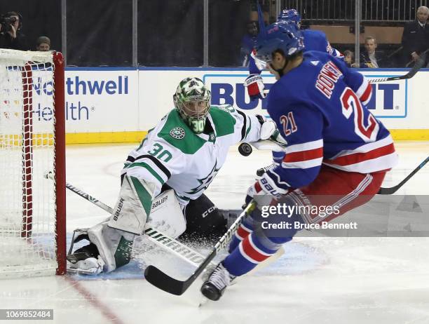 Ben Bishop of the Dallas Stars makes the second period save on Brett Howden of the New York Rangers at Madison Square Garden on November 19, 2018 in...