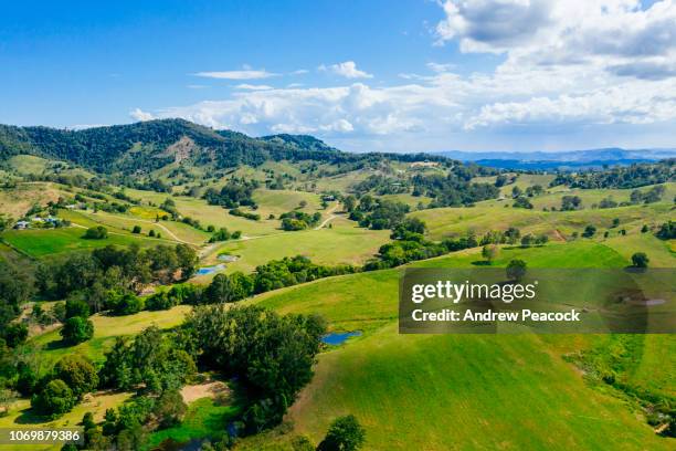 an aerial view of farmland at cedar pocket dam in the noosa hinterland, queensland - noosa queensland stock pictures, royalty-free photos & images