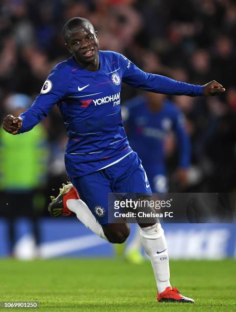 Golo Kante of Chelsea celebrates after scoring his team'sfirst goal during the Premier League match between Chelsea FC and Manchester City at...