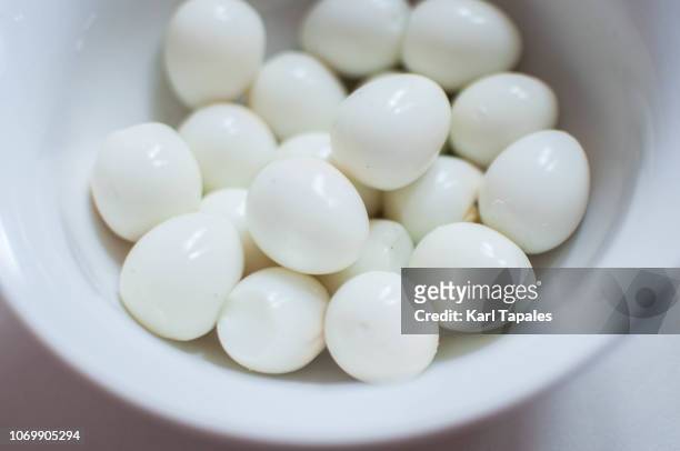 a bunch of quail eggs on a white bowl - boiled egg stock pictures, royalty-free photos & images