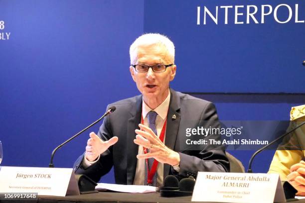 International Criminal Police Organization General Secretary Juergen Stock speaks during a press conference during the general assembly on November...