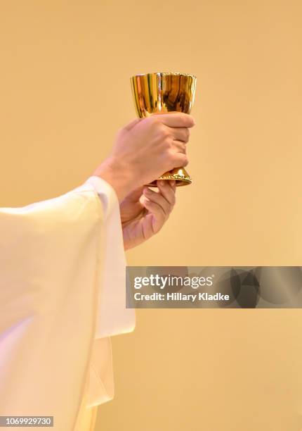 priest holding golden cup - misa fotografías e imágenes de stock