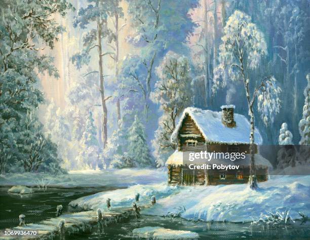 öl gemalte hütte im winterwald - landhaus stock-grafiken, -clipart, -cartoons und -symbole