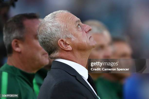 Australia Coach Graham Arnold looks on during the International Friendly Match between the Australian Socceroos and Lebanon at ANZ Stadium on...