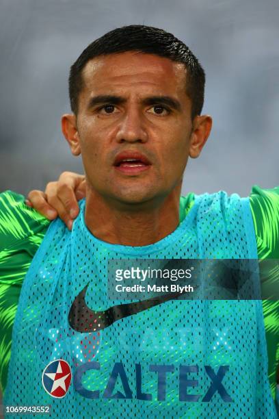Tim Cahill of Australia sings the National Anthem ahead of his last international game during the International Friendly Match between the Australian...