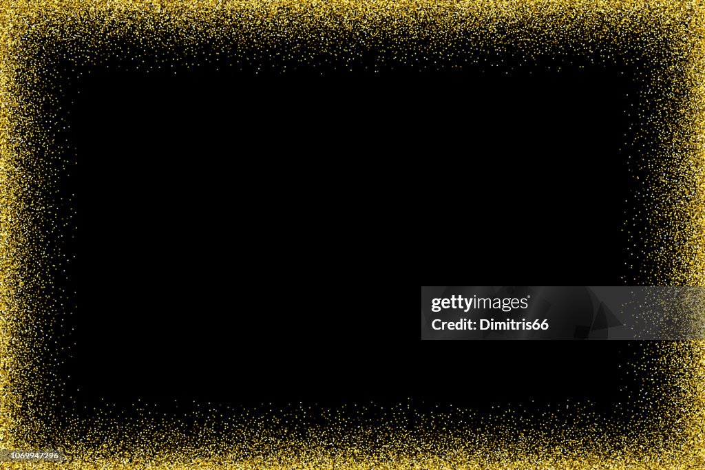 Empty glitter gold frame on black background