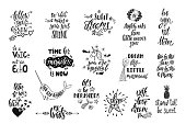 Set of positive inspirational quotes. Magical calligraphy hand drawn phrases about mermaid, narwhal, unicorn, dreams. Vector lettering