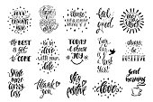 Good vibes, choose happy, love, thank you and others. Set of positive inspirational quotes. Modern calligraphy hand drawn phrases. Vector lettering